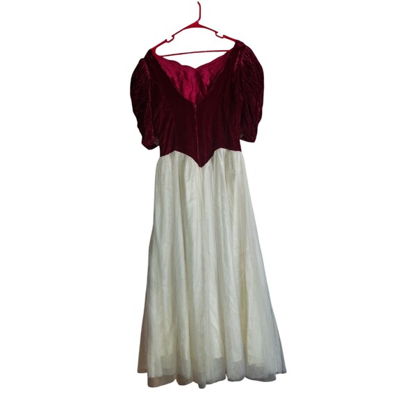 80s Vintage Red Wine Velvet Half Sleeve Victorian Puff Shoulder Party Ball Dress - Picture 8 of 12